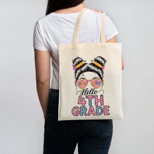 Hello 4th Grade Messy Bun Hair Back To School Girls Canvas Tote Bag - Savourry