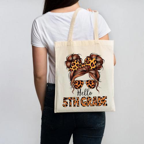 Hello 5th Grade Messy Hair Bun Girl Back To School First Day Canvas Tote Bag - Savourry