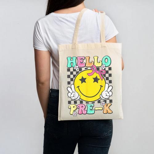 Hello Pre-K Coquette Bow Back To School Preschool Girl Canvas Tote Bag - Savourry