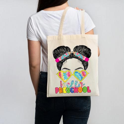 Hello Preschool Messy Bun Tie Dye Back To School Girls Kids Canvas Tote Bag - Savourry