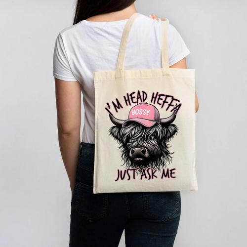 I'm Head Heffa Just Ask Me Bossy Highland Cow Baseball Cap Canvas Tote Bag - Sportilla