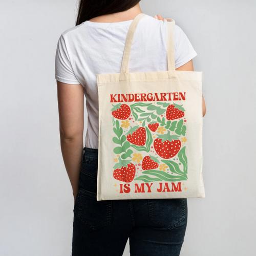 Kindergarten Is My Jam Boho Floral Strawberry Back To School Canvas Tote Bag - Savourry
