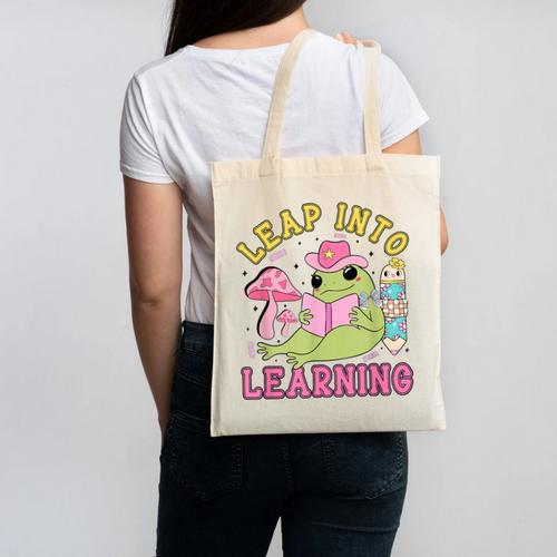 Leap Into Learning Cute Frog Kawaii Back To School Kids Canvas Tote Bag - Savourry