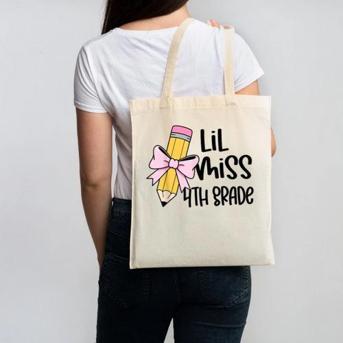 Lil Miss 4th Grade Coquette Bow Pencil Back To School Girls Canvas Tote Bag - Savourry