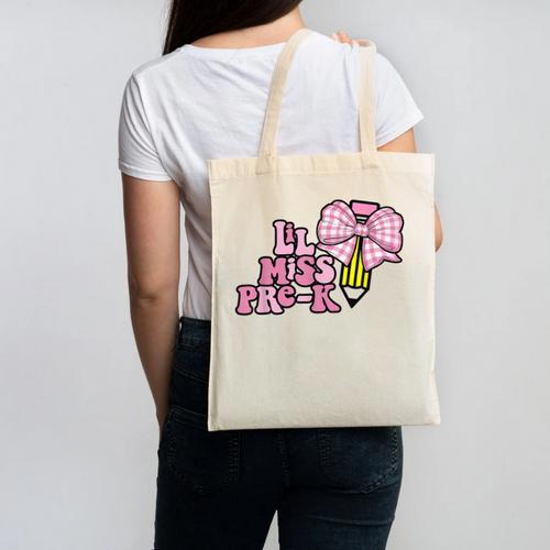 LiL Miss Pre-K Back To School Girls Coquette Bow First Day Canvas Tote Bag - Savourry