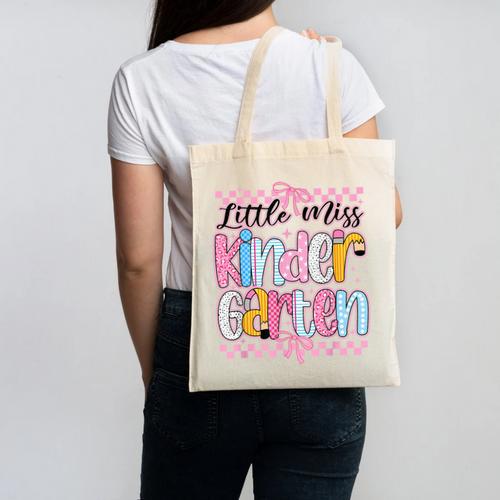 Little Miss Kindergarten Back To School Girls Coquette Bow Canvas Tote Bag - Savourry