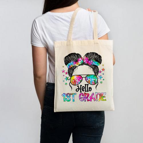 Messy Hair Bun Girl Back To School First Day Hello 1st Grade Canvas Tote Bag - Savourry
