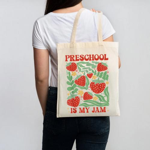 Preschool Is My Jam Boho Floral Strawberry Back To School Canvas Tote Bag - Savourry