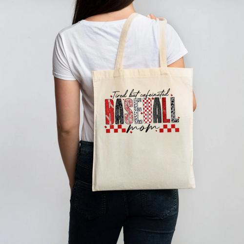 Retro Checkered Tired But Caffeinated Baseball Mom Leopard Canvas Tote Bag - Sportilla