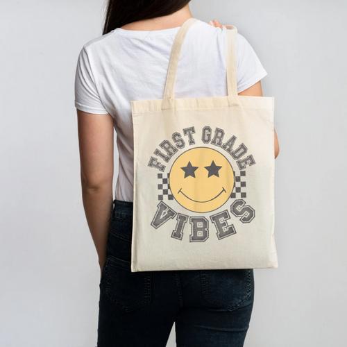 Retro First Grade Vibes Smile Face Back To School 1st Grade Canvas Tote Bag - Savourry