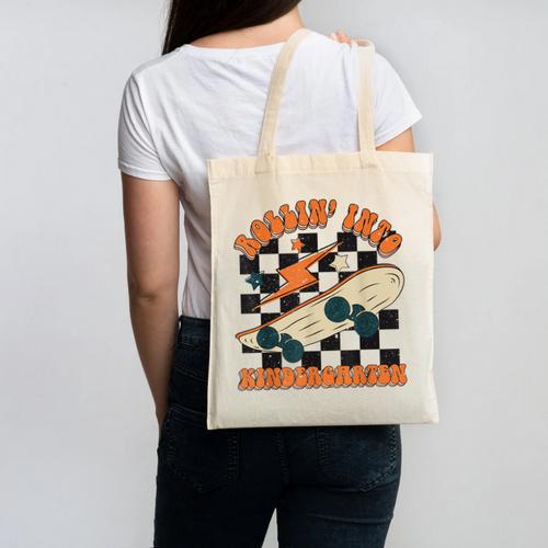 Rolling Into Kindergarten Retro Groovy Back To School Kids Canvas Tote Bag - Savourry