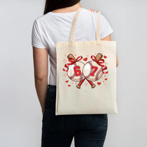 Six Seven 67 Meme Baseball Coquette Bow Valentine Canvas Tote Bag - Sportilla