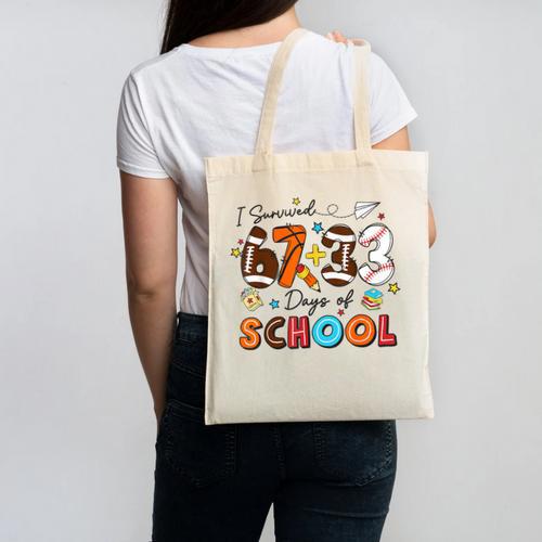 I Survived 67 33 Days Of School Baseball Basketball Football Canvas Tote Bag - Sportilla