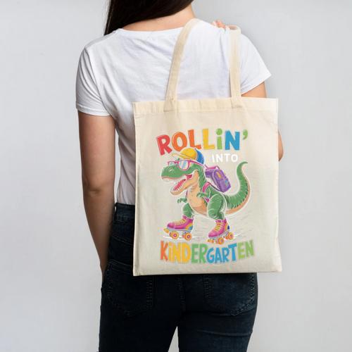 T Rex Rollin Into Kindergarten Back To School First Day Boys Canvas Tote Bag - Savourry