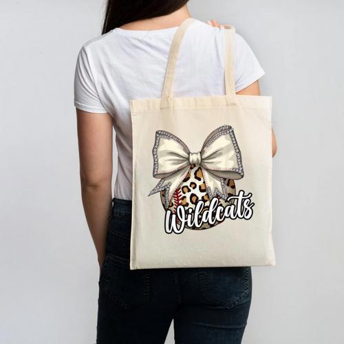 Wildcats Baseball Leopard Print Coquette Bow Mascot Game Day Canvas Tote Bag - Sportilla