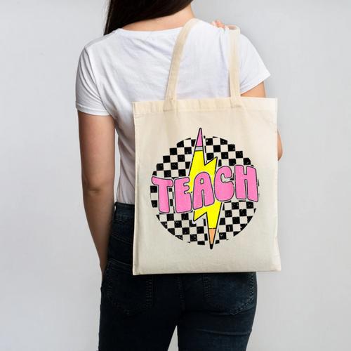 Women Checkered Teach Pencil Lightning Bolt Back To School Canvas Tote Bag - Savourry