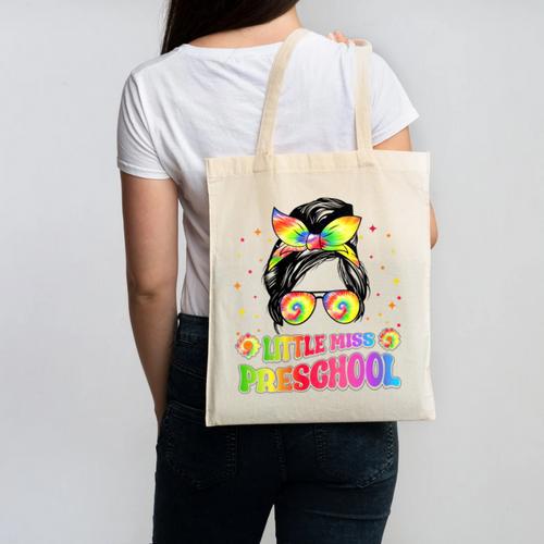 Women's Little Miss Preschool Messy Bun Tie Dye Back To School Girls Canvas Tote Bag - Savourry