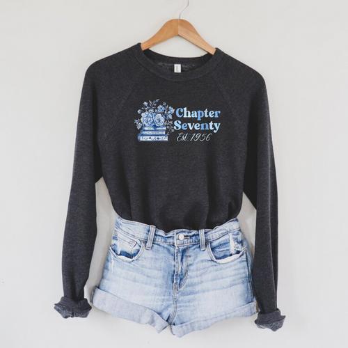 1956 Chapter Seventy 70th Birthday Blue Toile Floral Book Raglan Sleeve Sweatshirt - Bookorys