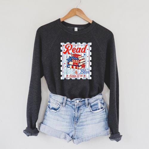 4th Of July Patriotic Read Blue Books Men Women Kid Raglan Sleeve Sweatshirt - Bookorys AU