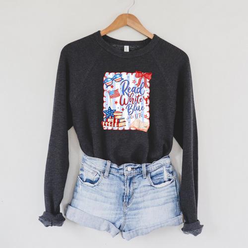 4th Of July Read Blue Patriotic Book Lovers Girl Women Raglan Sleeve Sweatshirt - Bookorys DE