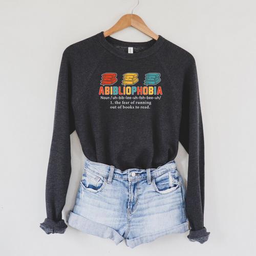 Abibliophobia Definition Bookworm Book Reader Reading Geek Raglan Sleeve Sweatshirt - Bookorys AU