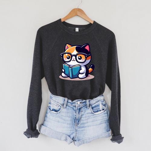 Adorable Book Lover Calico Cat With Reading Glasses Cute For Men Women Kids Raglan Sleeve Sweatshirt - Bookorys AU