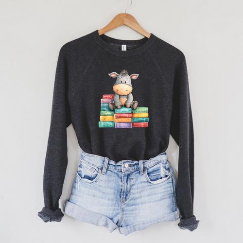 Adorable Donkey With Heart Sitting On Colorful Book Stack Raglan Sleeve Sweatshirt - Bookorys