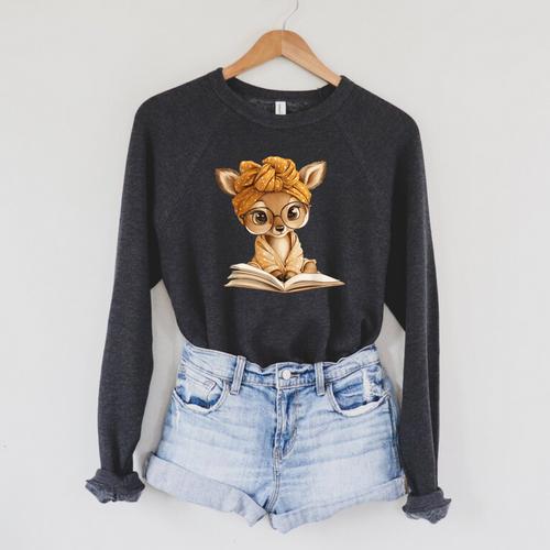 Adorable Fawn Reading Book Lover With Raglan Sleeve Sweatshirt - Bookorys AU