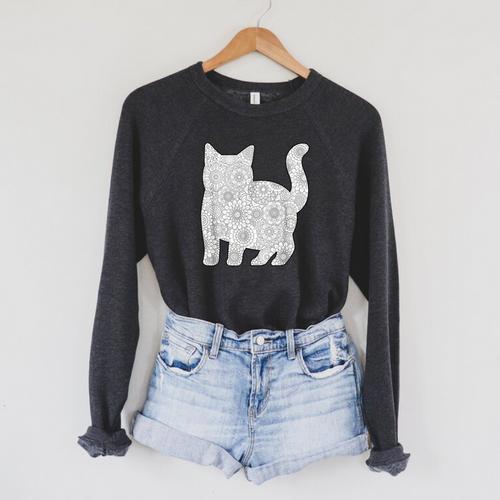 Adult Coloring Book CAT Mandala Flowers T-Shirt Raglan Sleeve Sweatshirt - Bookorys AU