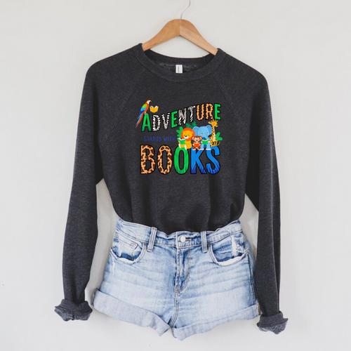 Adventure Starts With Books Jungle Animals Kids Reading Them Raglan Sleeve Sweatshirt - Bookorys CA