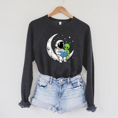Astronaut Alien Reading Book Moon Space Raglan Sleeve Sweatshirt - Bookorys