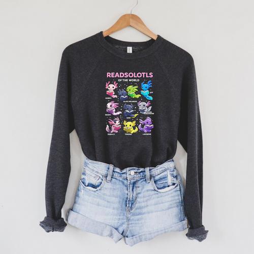 Axolotl Kawaii Readsolotl Of The World Axolotls Read Book Raglan Sleeve Sweatshirt - Bookorys