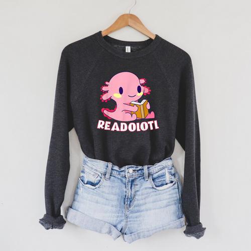 Axolotl Read Book Readolotl Ambystoma Mexicanum Walking Fish Raglan Sleeve Sweatshirt - Bookorys CA