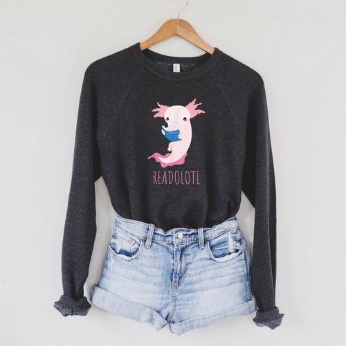 AXOLOTL Reads a Book READOLOTL Bookworm Axolotl Raglan Sleeve Sweatshirt - Bookorys