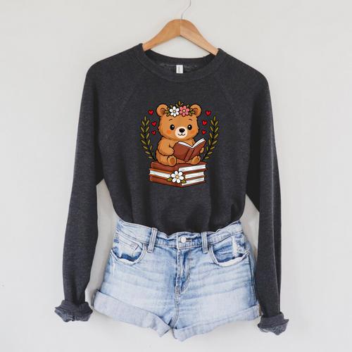 Bear Reading Book Graphic Bear With Book Floral Raglan Sleeve Sweatshirt - Bookorys CA