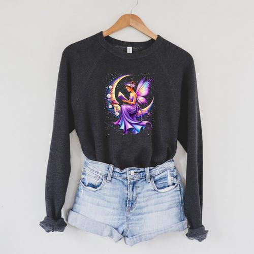 Beautiful Book Fairy Reading Crescent Moon Gothic Bookish Raglan Sleeve Sweatshirt - Bookorys