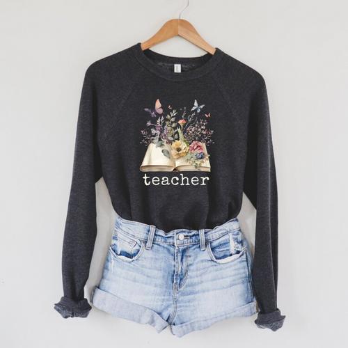 Beautiful Floral Open Book Teacher Men Women Raglan Sleeve Sweatshirt - Bookorys