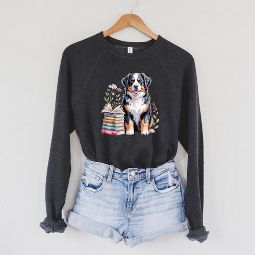 Bernese Mountain Dog Berner Bookworm Flowers Book Reading Raglan Sleeve Sweatshirt - Bookorys DE