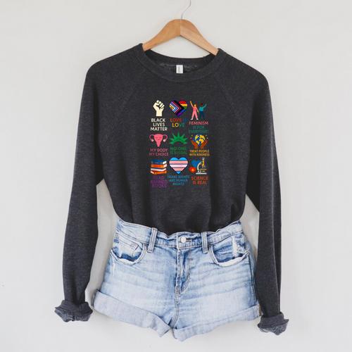 BLM Human Rights Feminism Trans Science Books LGBTQ Kindness Raglan Sleeve Sweatshirt - Bookorys DE
