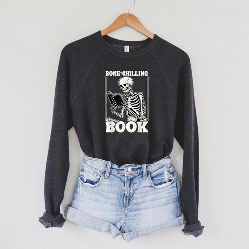 Bone-Chilling Book Skeleton Reading Bookworm Book Lovers Raglan Sleeve Sweatshirt - Bookorys