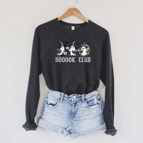 Boo Ghost Books Book Club Halloween Women School Teacher Raglan Sleeve Sweatshirt - Bookorys CA