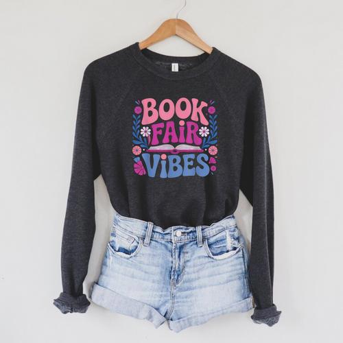 Book Fair Vibes Retro Teacher Reading Lovers Librarian Raglan Sleeve Sweatshirt - Bookorys
