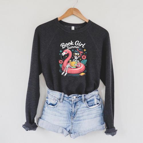 Book Girl Summer Skeleton Reading Books Lovers Beach Raglan Sleeve Sweatshirt - Bookorys