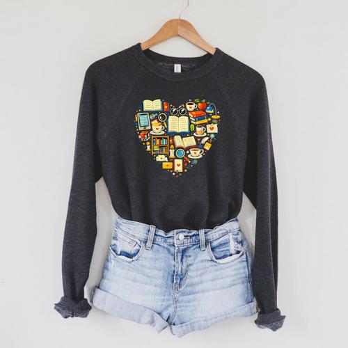 Book Lover Heart Reading Stack Bookworm Raglan Sleeve Sweatshirt - Bookorys AU