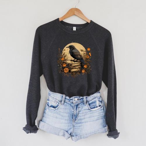 Book Lover Ideas Raven Reading Book Occult Crow Raglan Sleeve Sweatshirt - Bookorys CA