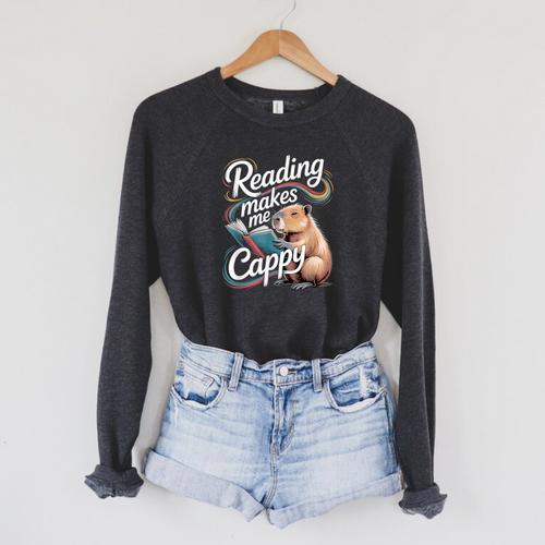 Book Lover Reading Makes Me Cappy Pun Capybara Reading Raglan Sleeve Sweatshirt - Bookorys UK