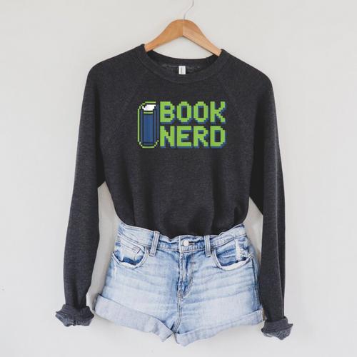 Book Nerd Pixel Retro Reading Bibliophile Gamer Raglan Sleeve Sweatshirt - Bookorys UK