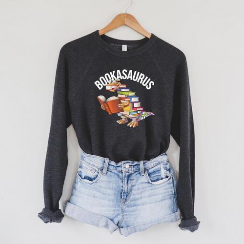 Book Reading Dinosaur T-Rex Dino Bookworm Raglan Sleeve Sweatshirt - Bookorys