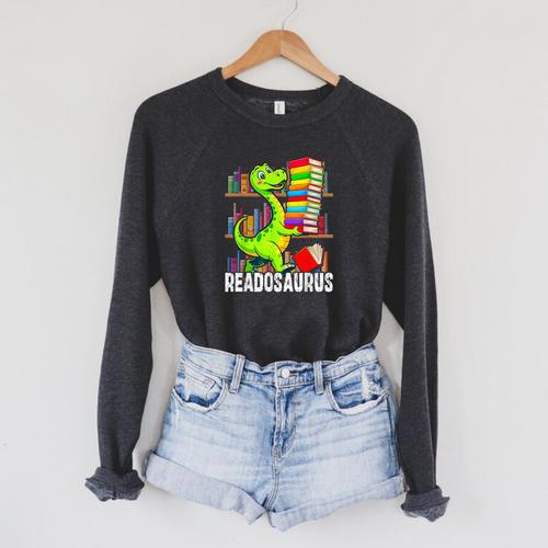 Book Readosaurus Dinosaur Books Library Reading Lovers Raglan Sleeve Sweatshirt - Bookorys
