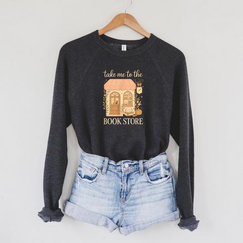 Take Me To The Book Store Cozy Bookshop Cat Aesthetic Raglan Sleeve Sweatshirt - Bookorys UK